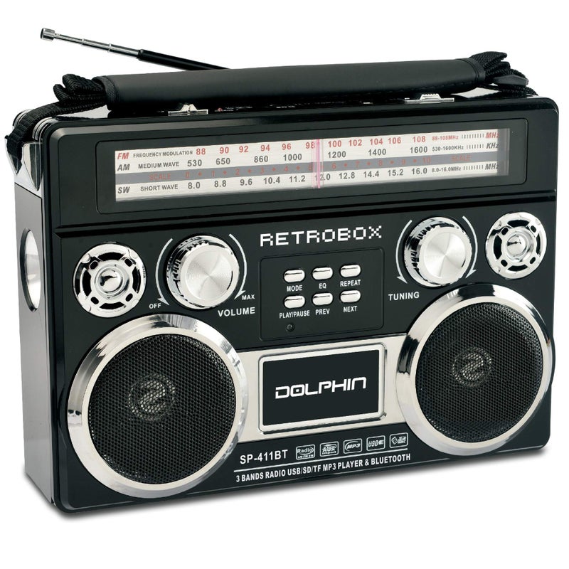 Dolphin RETROBOX Portable Bluetooth AM/FM Radio (Black) - Image 1